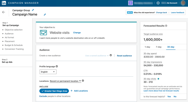 Выбор типа объявлений в LinkedIn